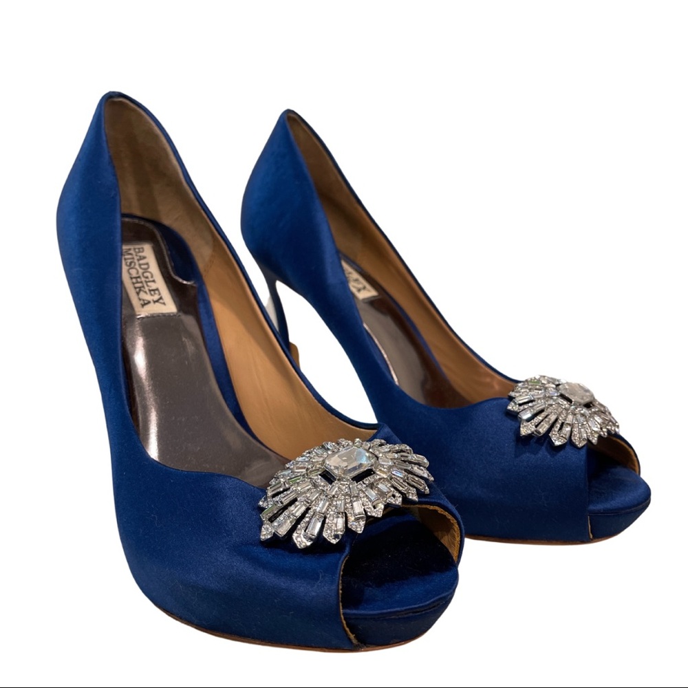 Badgley Mischka Women's Finn Platform Pump Navy Satin Sz 8